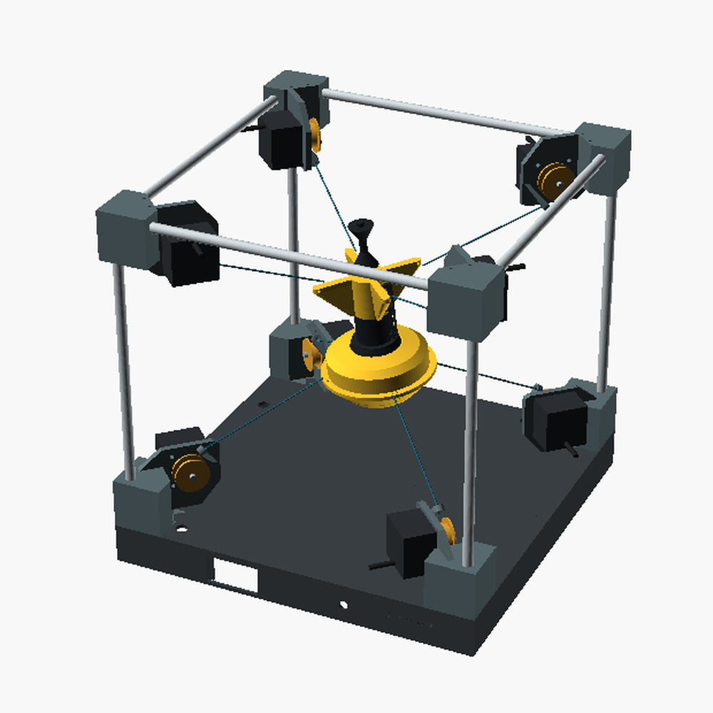 Render of SeaGlance Basic: a printed black frame with aluminium rods, a motor in each corner and the buoy on lines in the middle