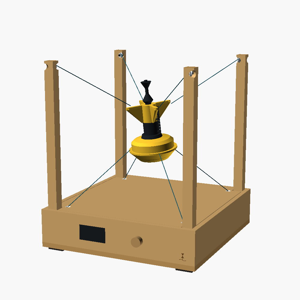 Design render of SeaGlance Signature: a bamboo pedestal with four slim bamboo posts and the buoy on lines between them
