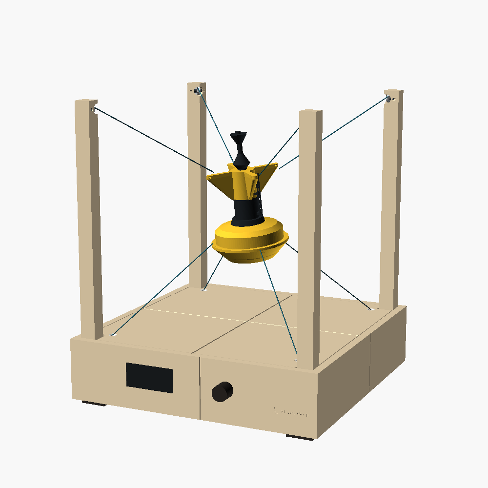 Design render of SeaGlance Studio: a 3D-printed pedestal with four posts and the buoy on lines between them